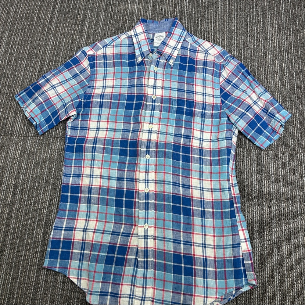 Brooks Brothers Blue and Red Casual Button Down Shirt 100% Linen